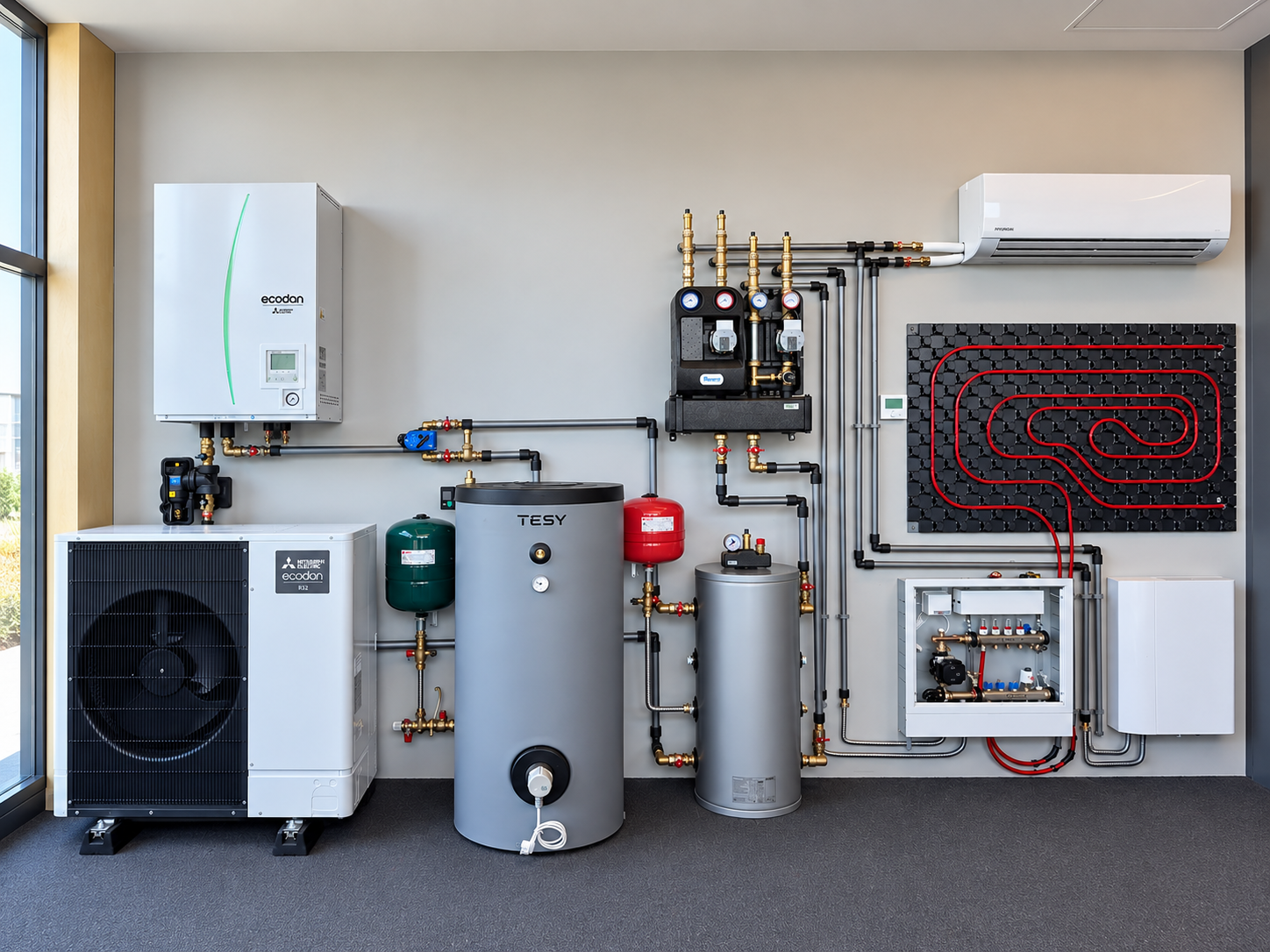 Izložbeni demo zid s Mitsubishi Electric Ecodan dizalicom topline, spremnikom tople vode, hidraulikom i podnim grijanjem